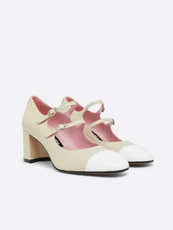 Beige Leather And White Patent Leather Mary Janes Pumps-Carel Shop