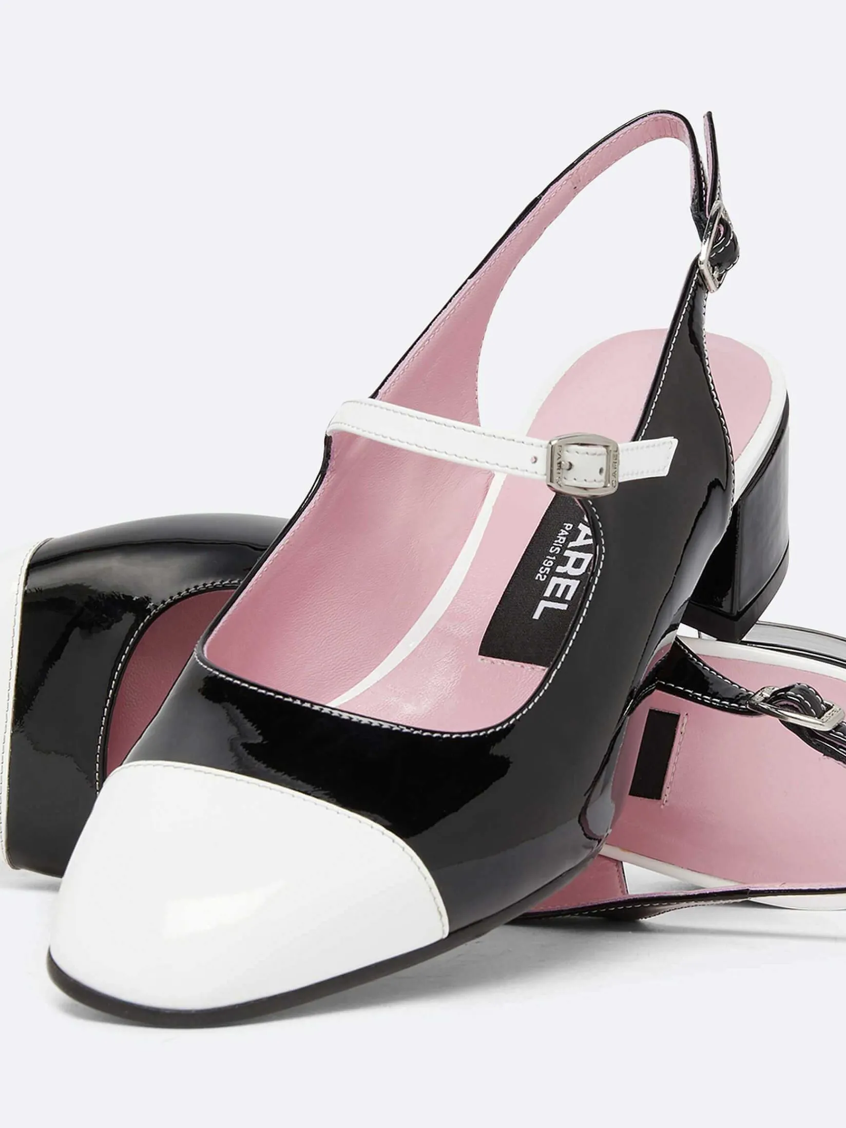 Black And White Patent Leather Slingback Mary Janes-Carel Fashion