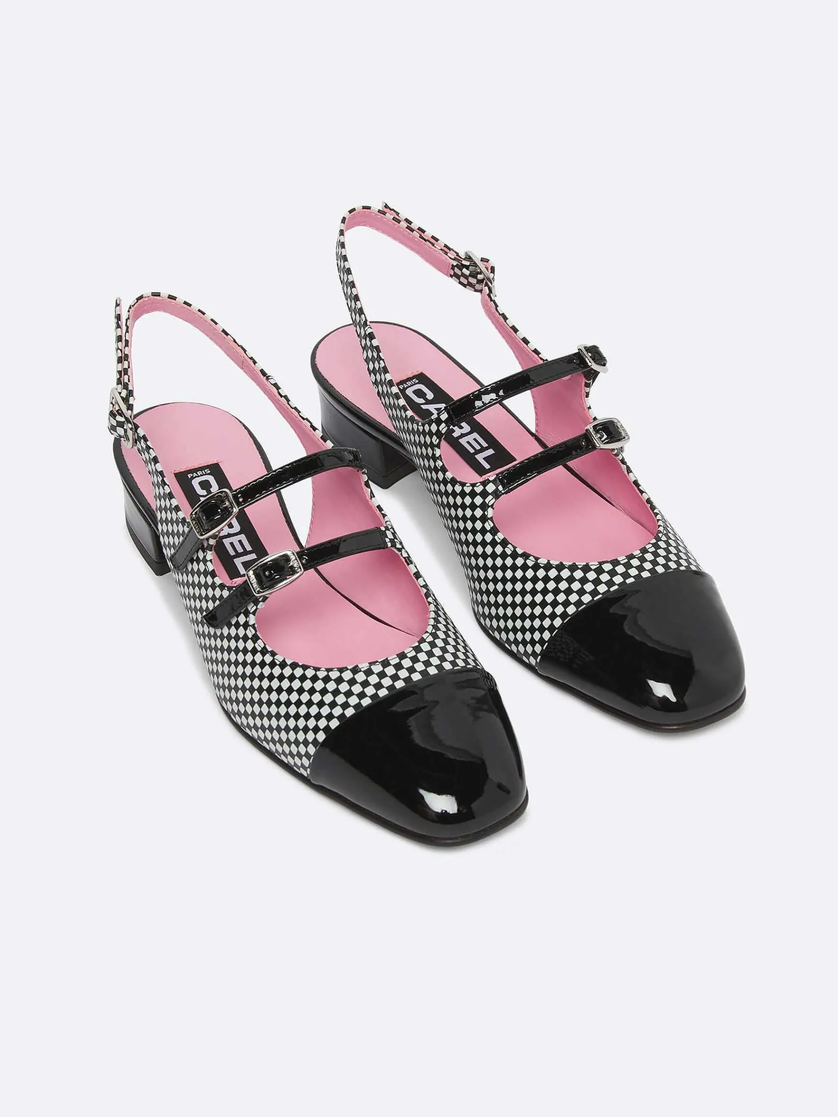 Black And White Upcycled Leather And Patent Leather Slingback Mary Janes-Carel New