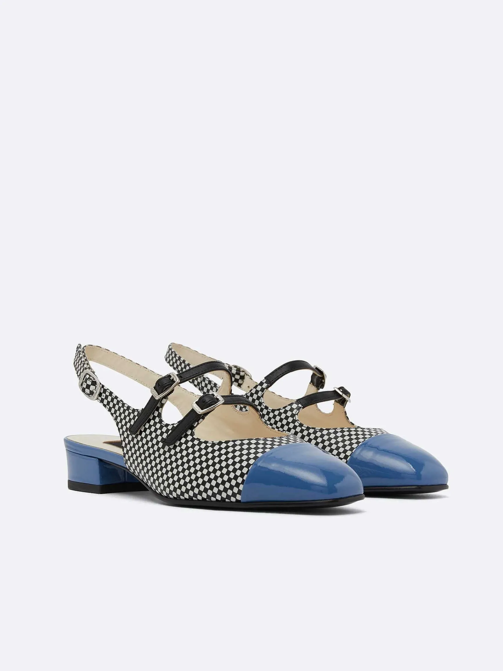 Black And White Upcycled Leather And Blue Patent Leather Slingback Mary Janes-Carel Flash Sale