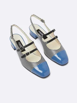 Black And White Upcycled Leather And Blue Patent Leather Slingback Mary Janes-Carel Flash Sale