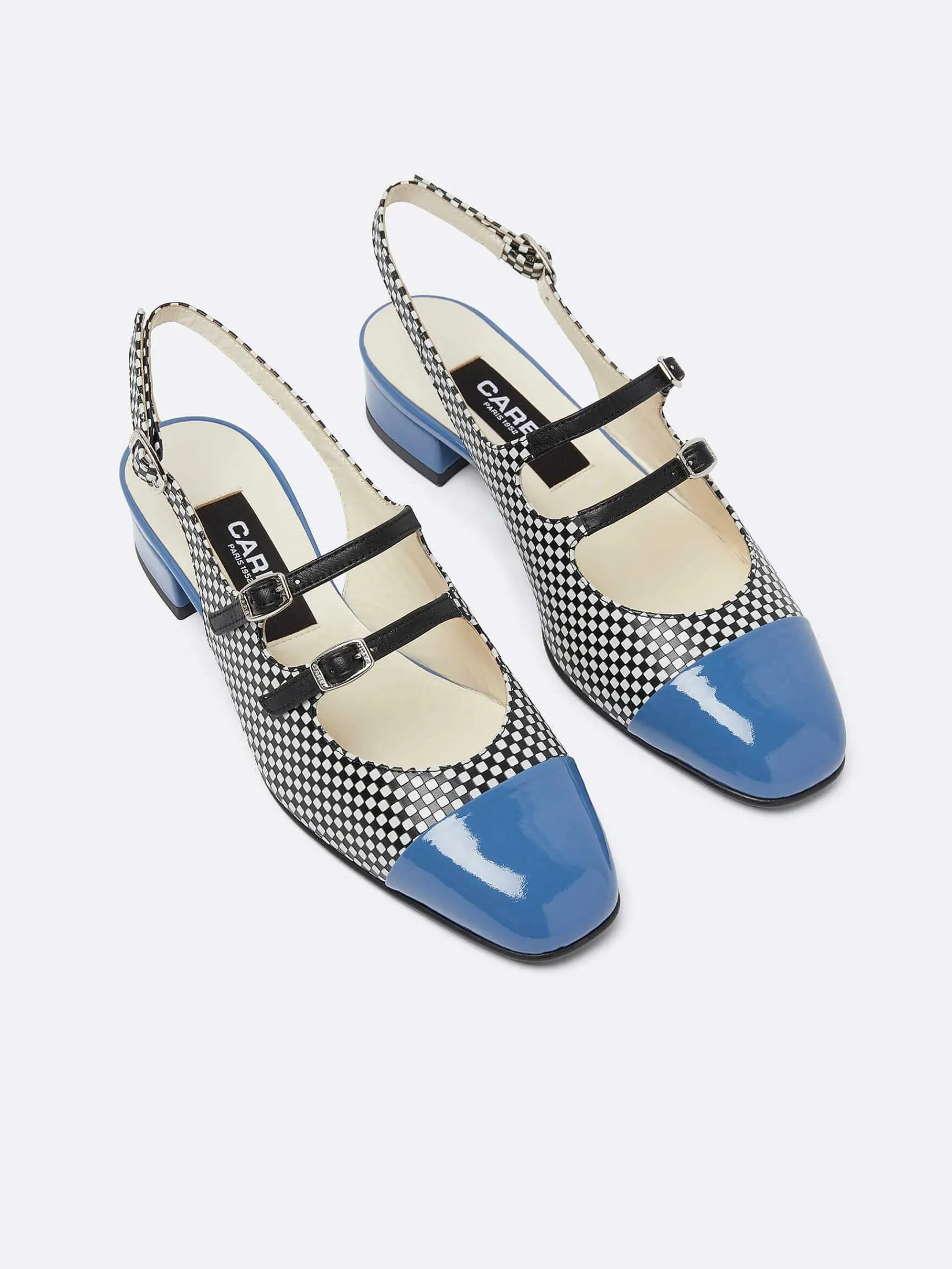 Black And White Upcycled Leather And Blue Patent Leather Slingback Mary Janes-Carel Flash Sale