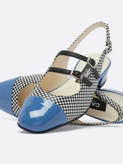 Black And White Upcycled Leather And Blue Patent Leather Slingback Mary Janes-Carel Flash Sale