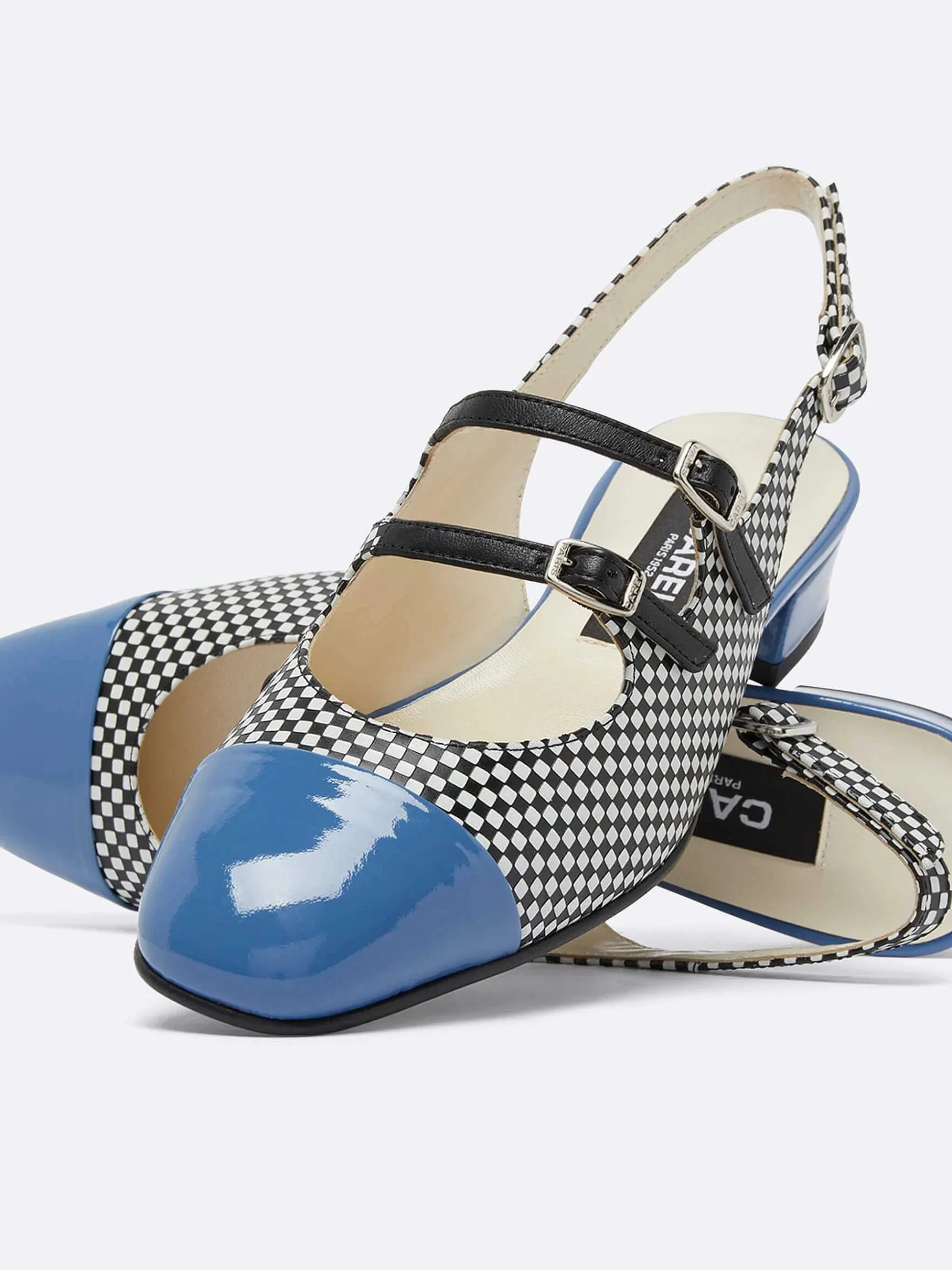 Black And White Upcycled Leather And Blue Patent Leather Slingback Mary Janes-Carel Flash Sale