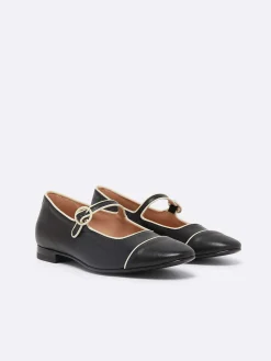 Black Leather Ivory Piping Mary Janes-Carel Best Sale