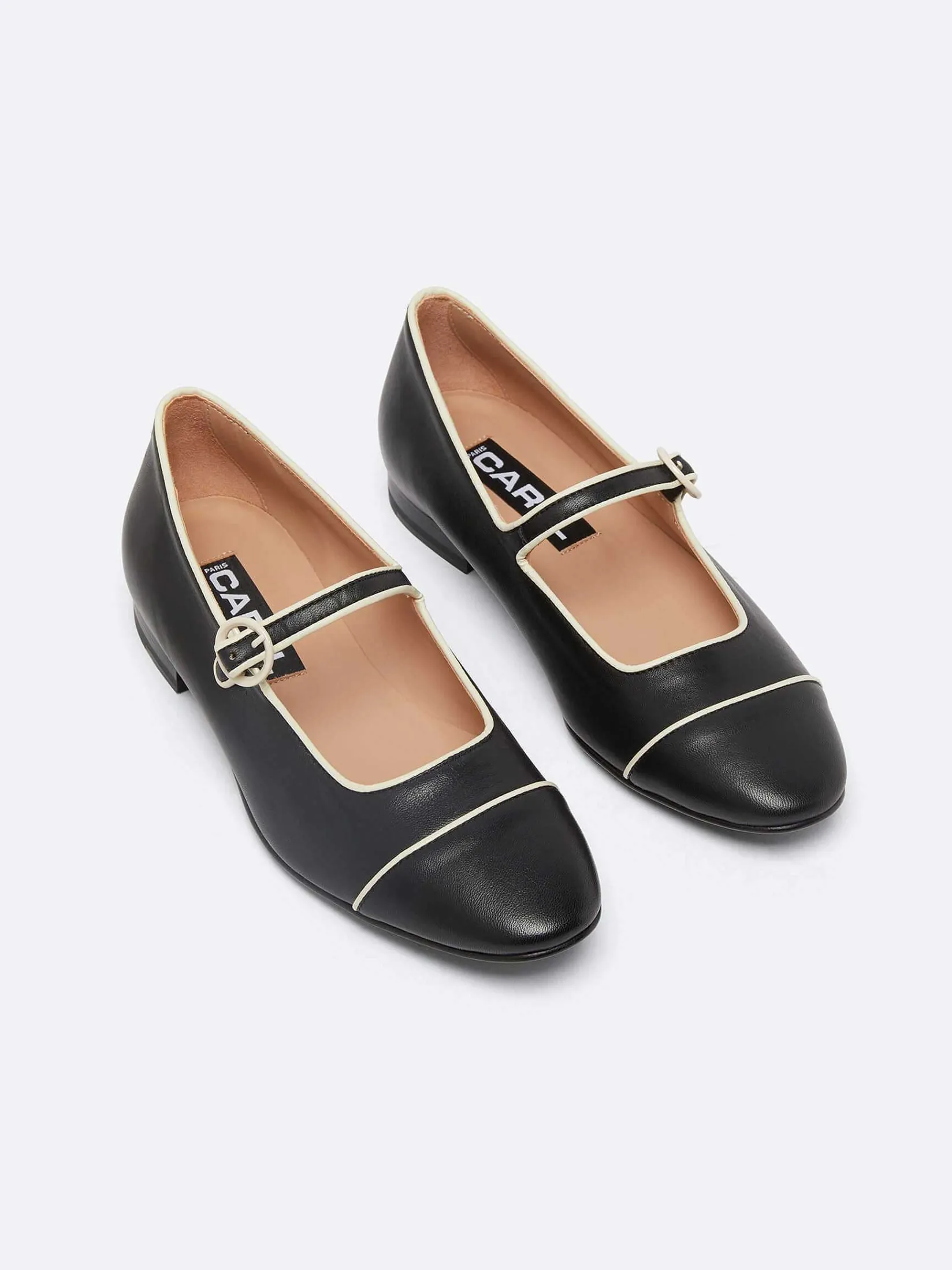 Black Leather Ivory Piping Mary Janes-Carel Best Sale