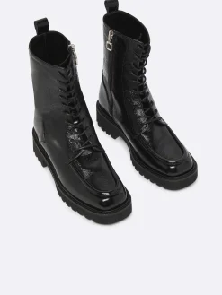 Black Naplack Leather Lace-Up Ankle Boots-Carel Store