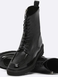 Black Naplack Leather Lace-Up Ankle Boots-Carel Store