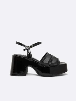 Black Patent Leather And Mesh Sandals-Carel Fashion