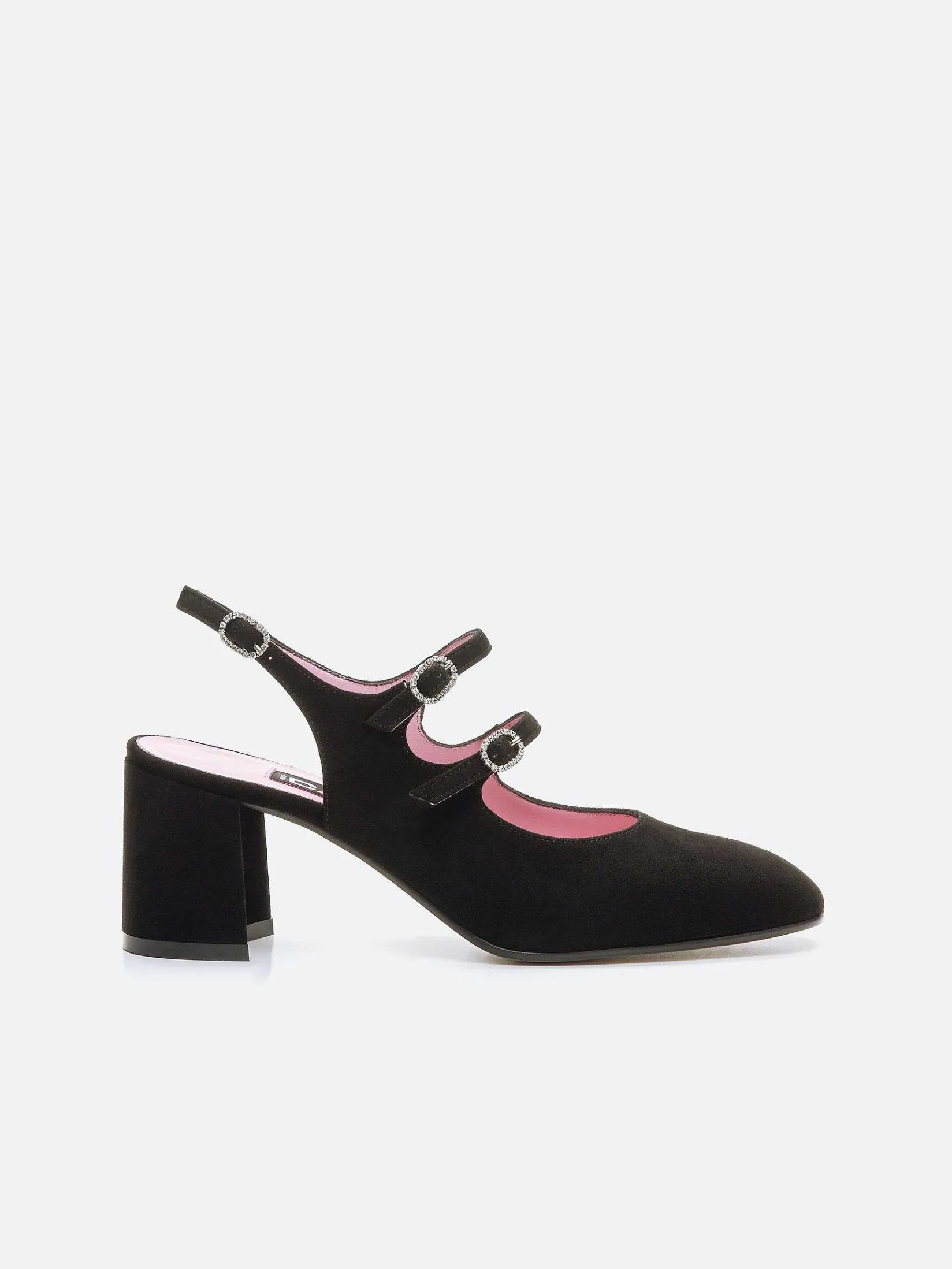 Black Suede Leather And Strass Buckles Slingback Mary Janes-Carel Store