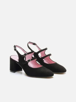 Black Suede Leather And Strass Buckles Slingback Mary Janes-Carel Store