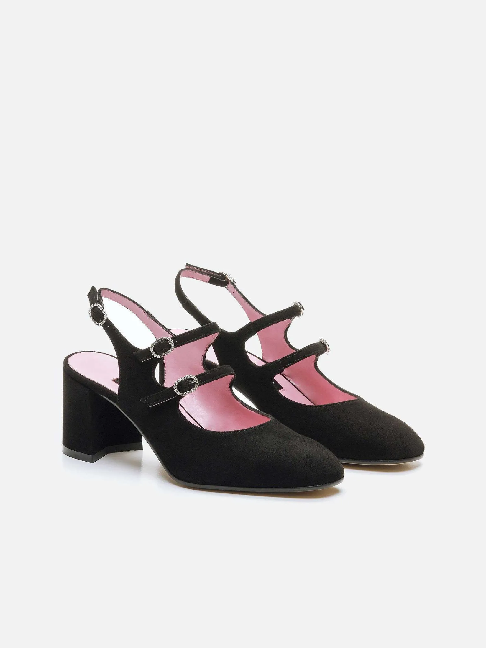 Black Suede Leather And Strass Buckles Slingback Mary Janes-Carel Store