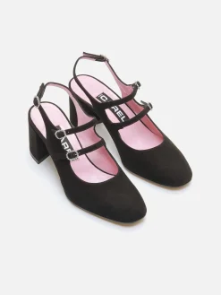 Black Suede Leather And Strass Buckles Slingback Mary Janes-Carel Store