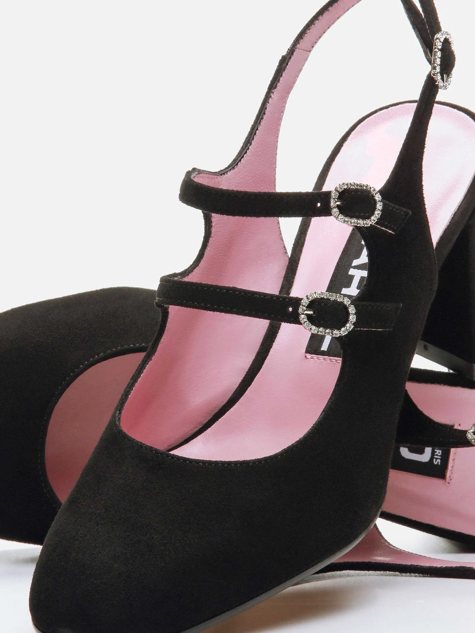 Black Suede Leather And Strass Buckles Slingback Mary Janes-Carel Store