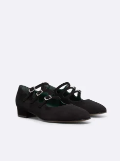 Black Suede Leather Mary Janes Ballet Flats-Carel Discount