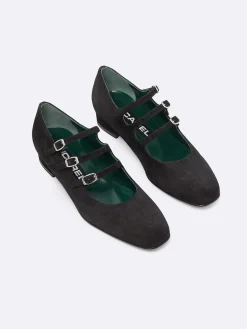 Black Suede Leather Mary Janes Ballet Flats-Carel Discount