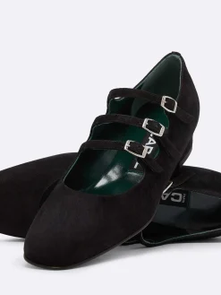 Black Suede Leather Mary Janes Ballet Flats-Carel Discount