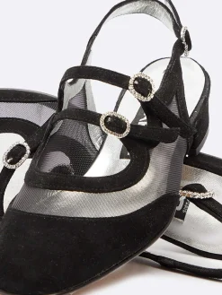 Black Suede Leather Mesh And Strass Buckles Mary Janes-Carel Best Sale