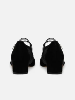 Black Suede Leather Mesh And Strass Buckles Mary Janes Pumps-Carel Fashion