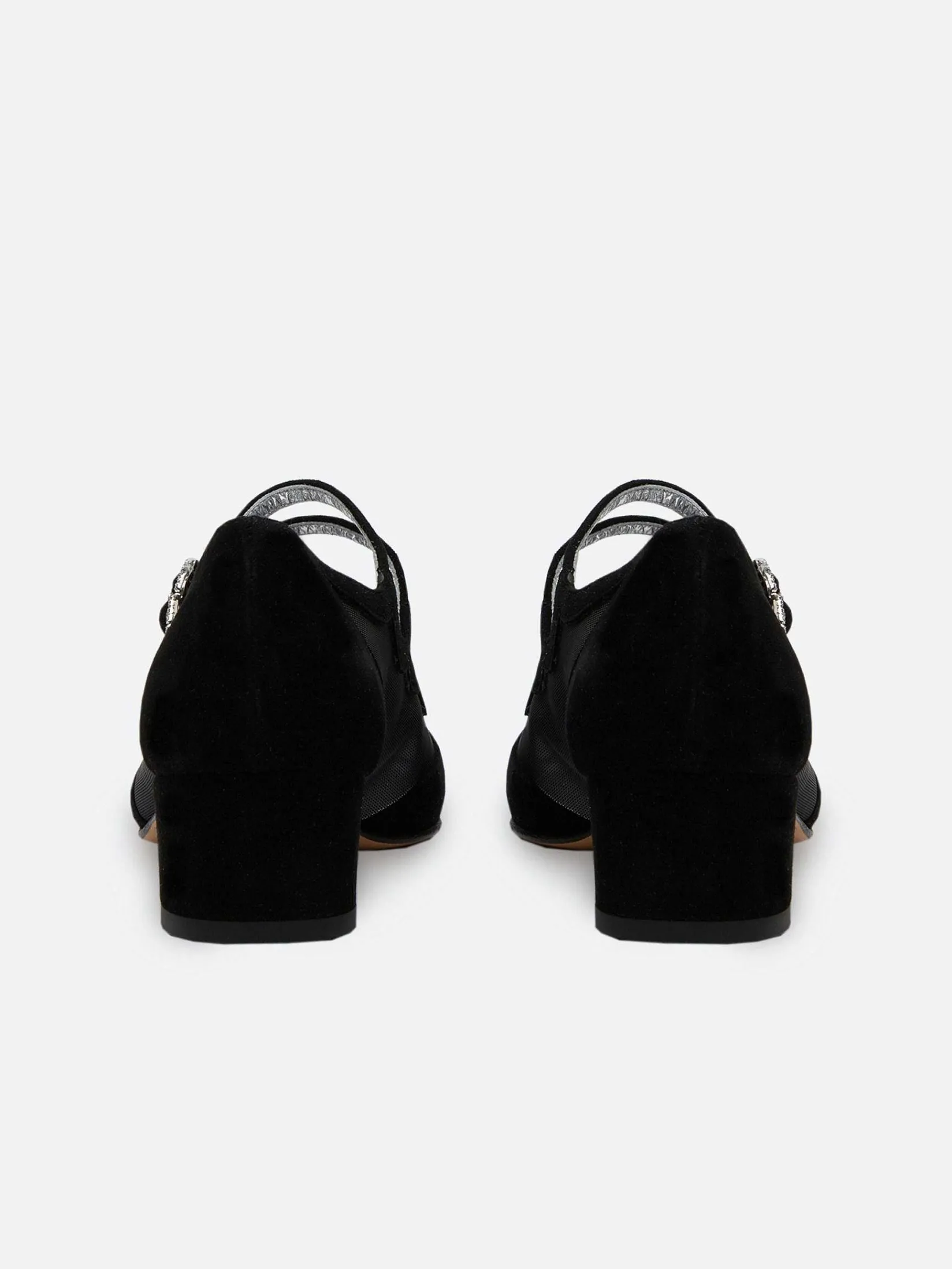 Black Suede Leather Mesh And Strass Buckles Mary Janes Pumps-Carel Fashion