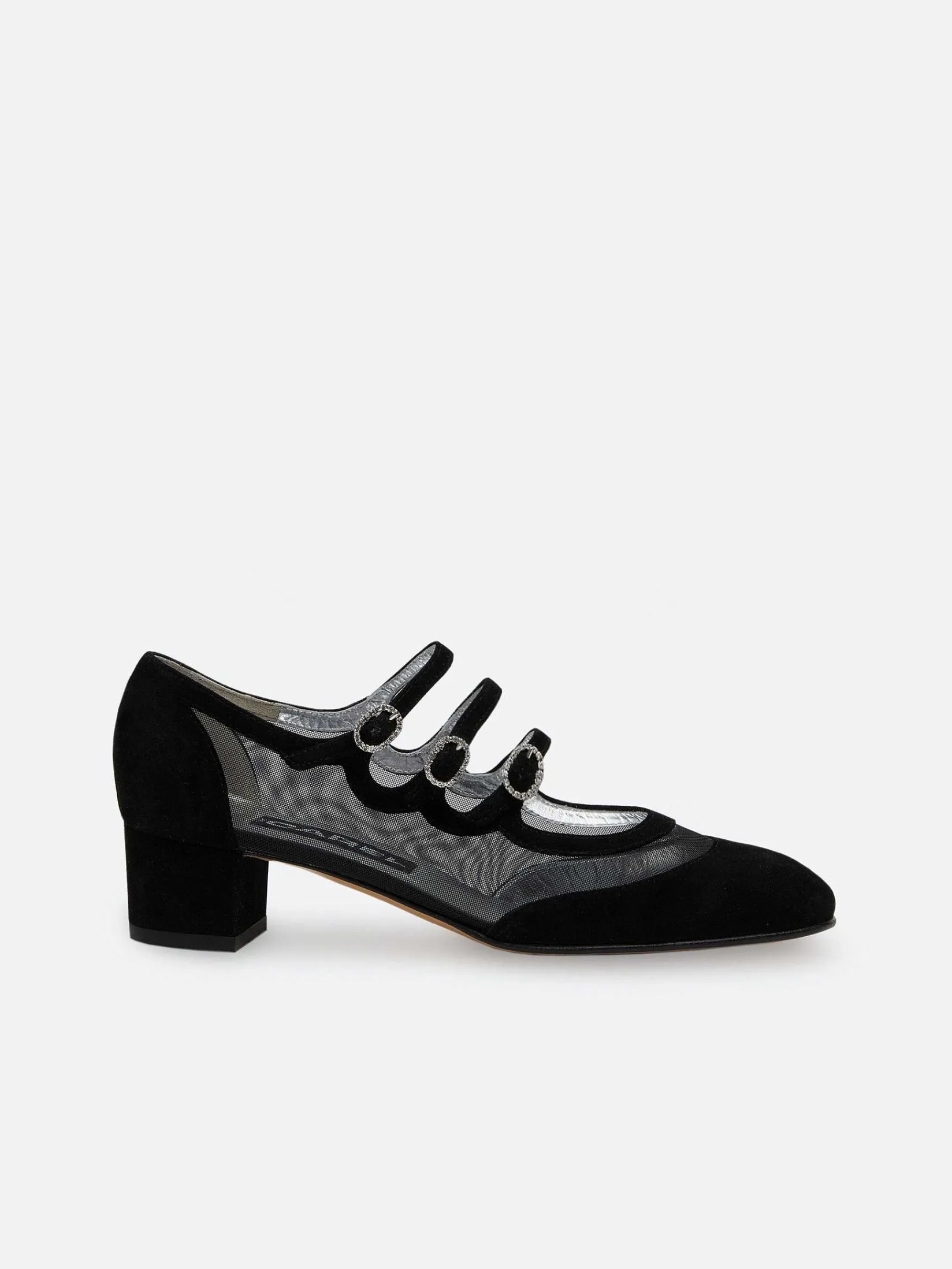 Black Suede Leather Mesh And Strass Buckles Mary Janes Pumps-Carel Fashion