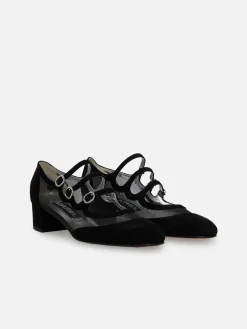Black Suede Leather Mesh And Strass Buckles Mary Janes Pumps-Carel Fashion