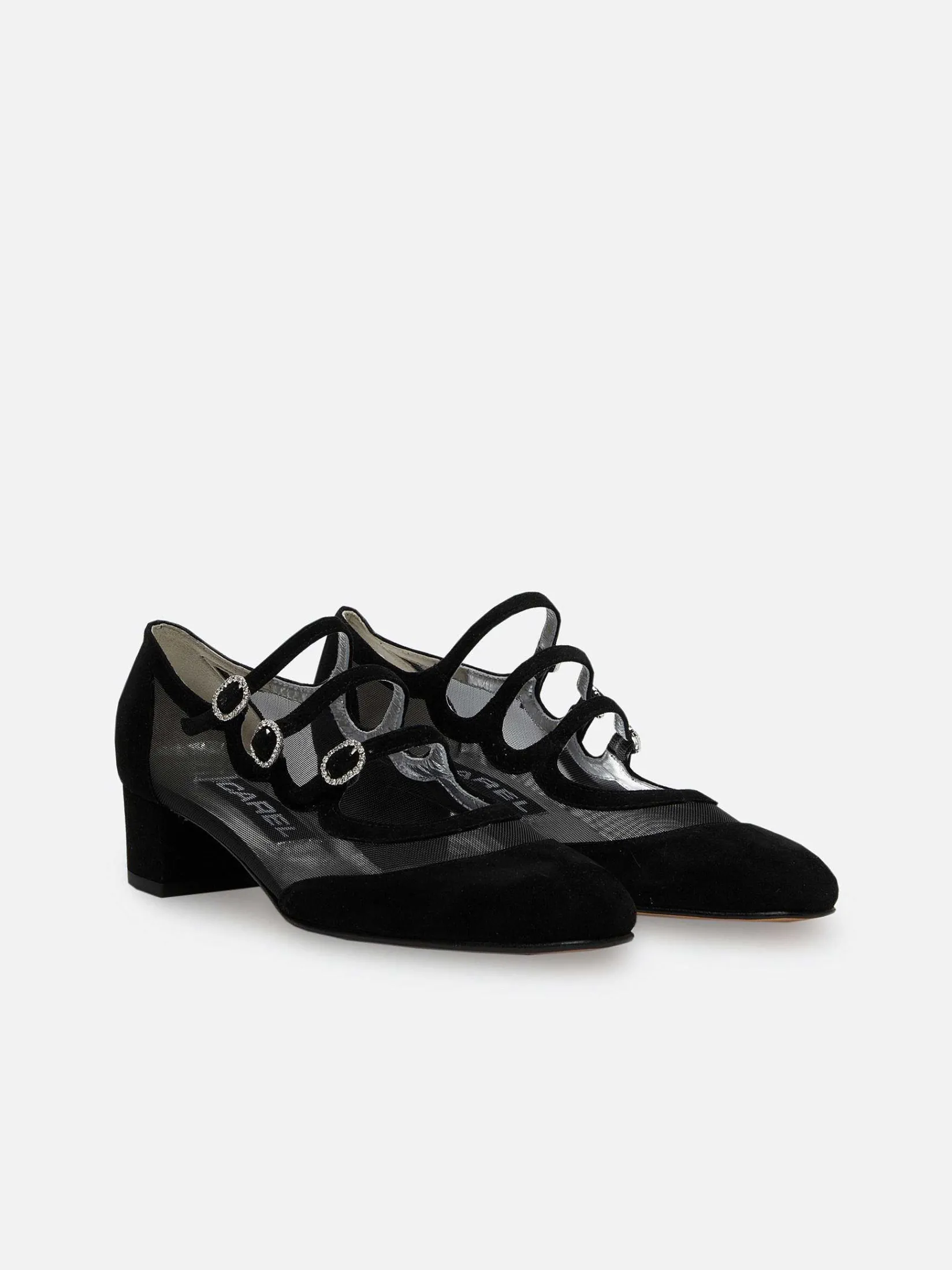 Black Suede Leather Mesh And Strass Buckles Mary Janes Pumps-Carel Fashion
