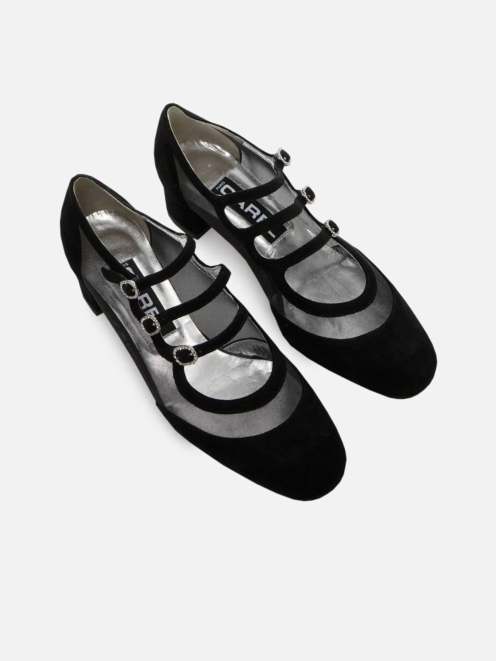 Black Suede Leather Mesh And Strass Buckles Mary Janes Pumps-Carel Fashion