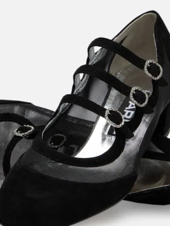 Black Suede Leather Mesh And Strass Buckles Mary Janes Pumps-Carel Fashion