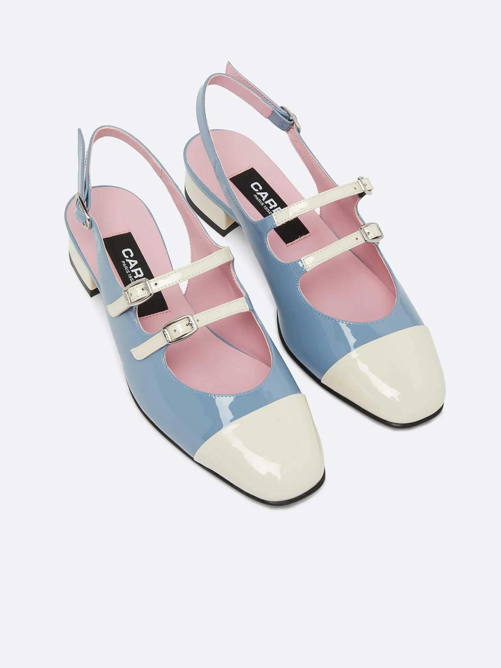 Blue And Ivory Upcycled Patent Leather Slingback Mary Janes-Carel Store