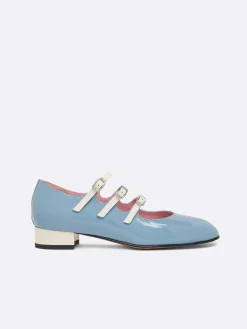Blue And Ivory Upcycled Patent Leather Mary Janes Ballet Flats-Carel Online