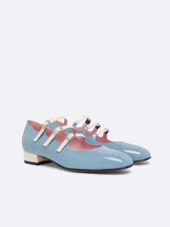 Blue And Ivory Upcycled Patent Leather Mary Janes Ballet Flats-Carel Online