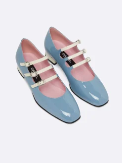 Blue And Ivory Upcycled Patent Leather Mary Janes Ballet Flats-Carel Online