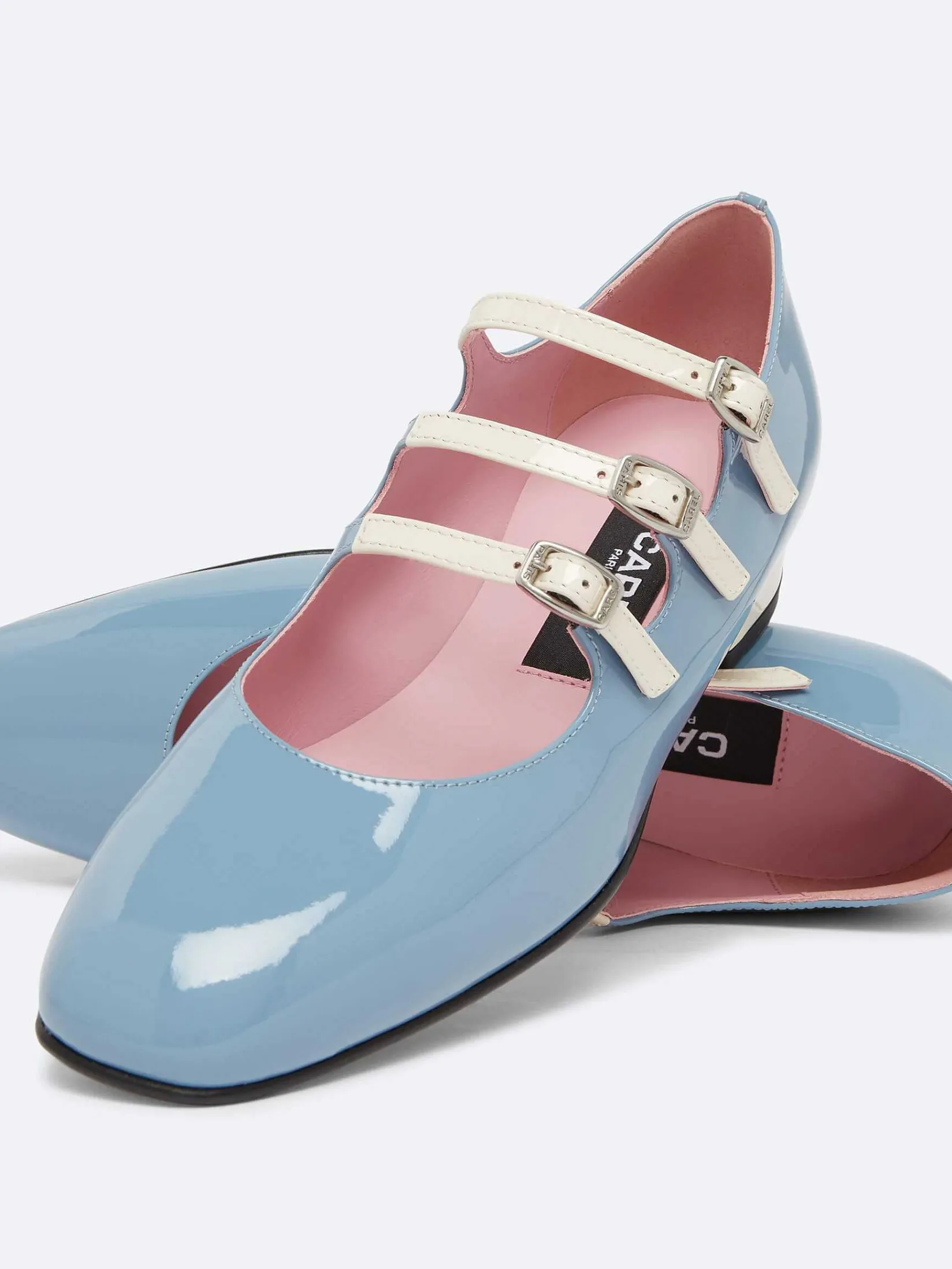 Blue And Ivory Upcycled Patent Leather Mary Janes Ballet Flats-Carel Online