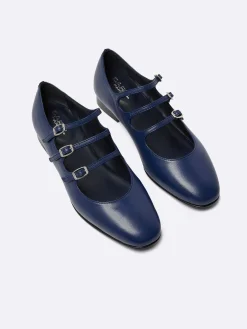 Blue Navy Leather Mary Janes Ballet Flats-Carel Outlet