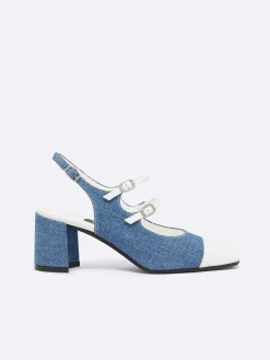 Blue Upcycled Denim And White Appleskin Slingback Mary Janes-Carel Fashion
