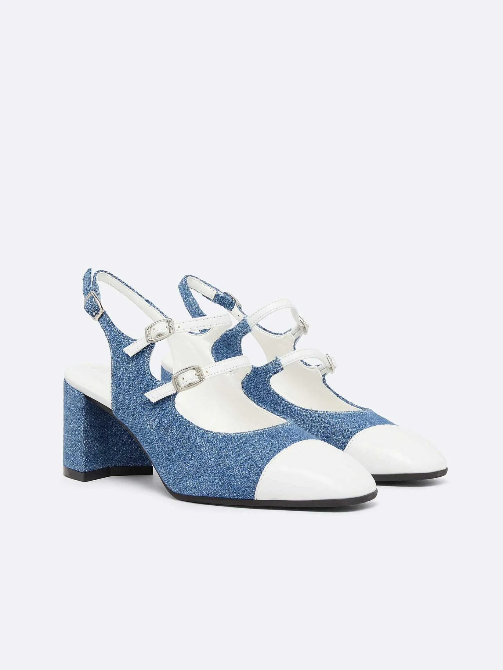 Blue Upcycled Denim And White Appleskin Slingback Mary Janes-Carel Fashion