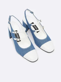 Blue Upcycled Denim And White Appleskin Slingback Mary Janes-Carel Fashion