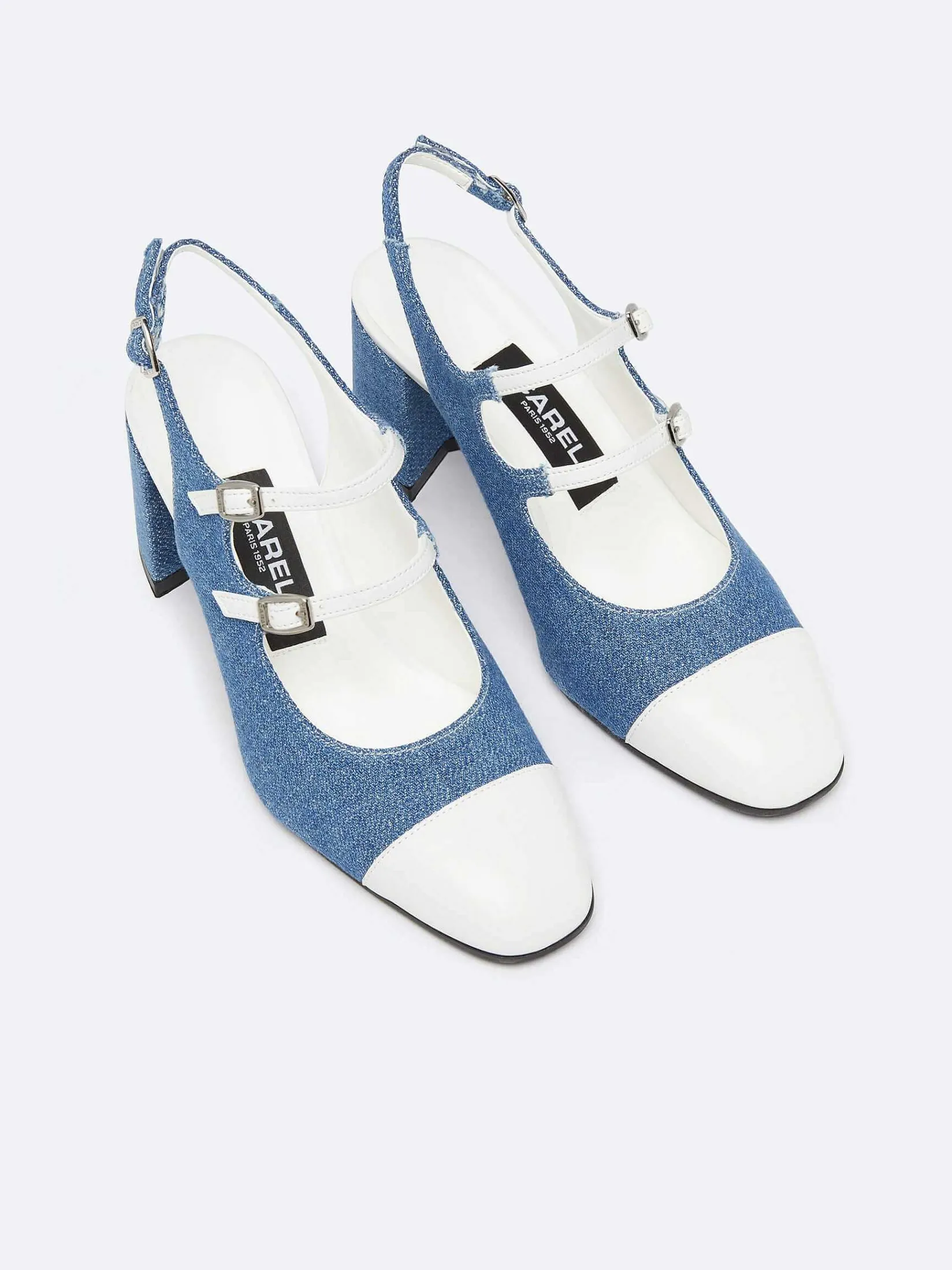 Blue Upcycled Denim And White Appleskin Slingback Mary Janes-Carel Fashion