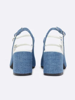 Blue Upcycled Denim And White Appleskin Slingback Mary Janes-Carel Fashion