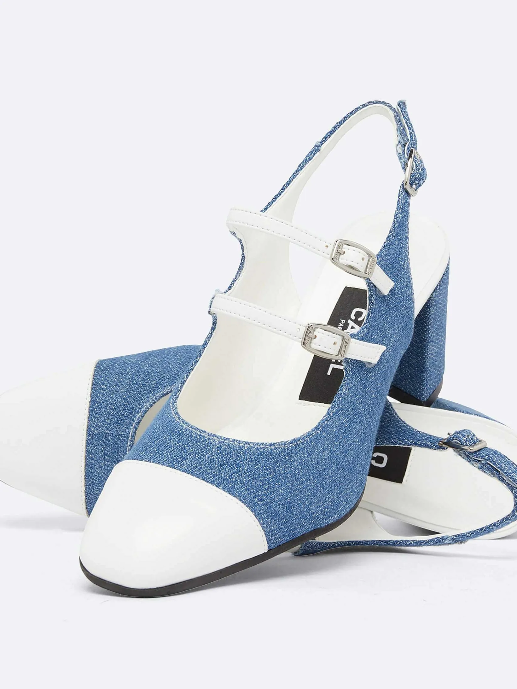 Blue Upcycled Denim And White Appleskin Slingback Mary Janes-Carel Fashion