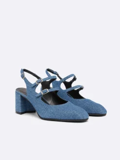 Blue Upcycled Denim Fabric Slingback Mary Janes-Carel New