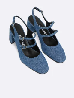 Blue Upcycled Denim Fabric Slingback Mary Janes-Carel New