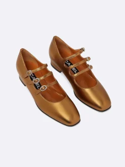 Bronze Upcycled Leather Mary Janes Ballet Flats-Carel Shop
