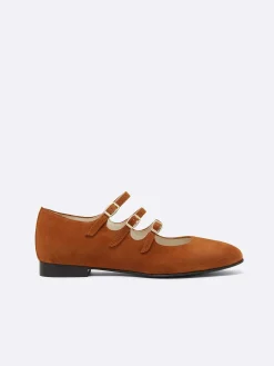 Brown Suede Leather Mary Janes Ballet Flats-Carel Discount