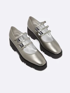 Dark Silver Appleskin With Black Rubber Sole Mary Janes-Carel Sale