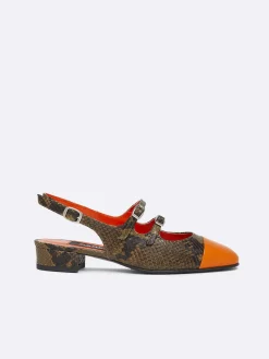 Green Upcycled Python Print Leather And Orange Leather Slingback Mary Janes-Carel Hot