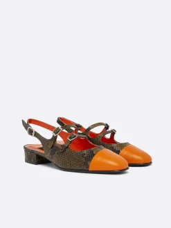 Green Upcycled Python Print Leather And Orange Leather Slingback Mary Janes-Carel Hot