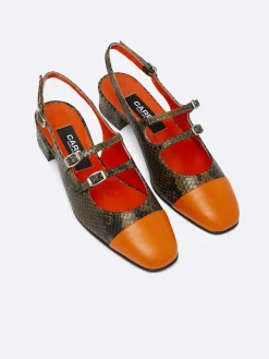 Green Upcycled Python Print Leather And Orange Leather Slingback Mary Janes-Carel Hot