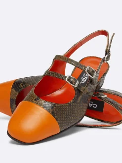 Green Upcycled Python Print Leather And Orange Leather Slingback Mary Janes-Carel Hot